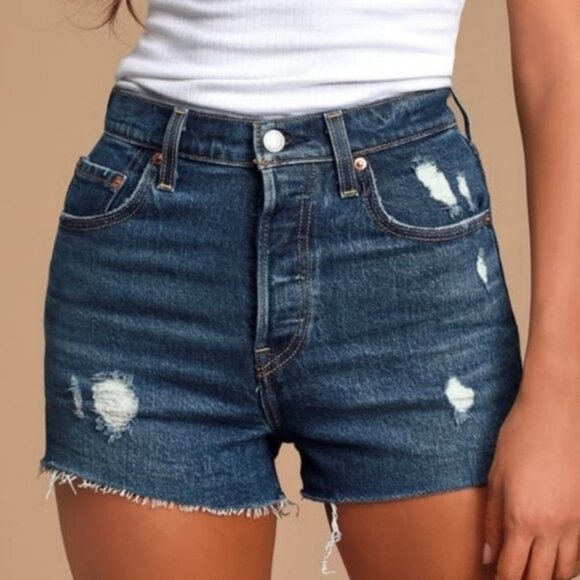 NEW Levi's Ribcage Shorts Button Fly Light Distressed  Raw Hem Dark Blue Sz 29 - Picture 1 of 13